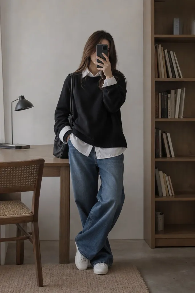 Back-to-School Outfits 2026 Black Sweater Over White Shirt With Wide-Leg Denim Layering