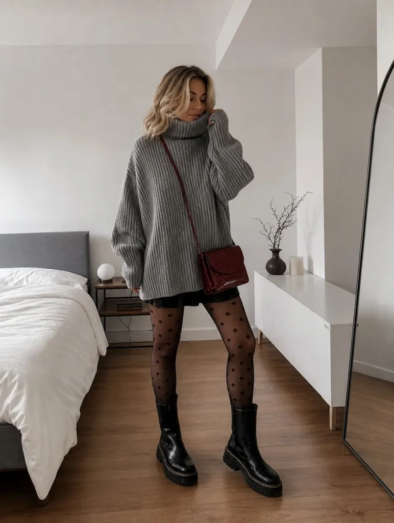 All Outfits with Boots 2026 Oversized Grey Knit and Polka Tights for Chunky Boots