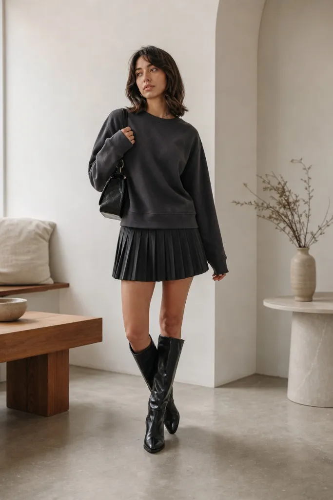 All Outfits with Boots 2026 Charcoal Sweatshirt and Pleated Mini for Riding Boots