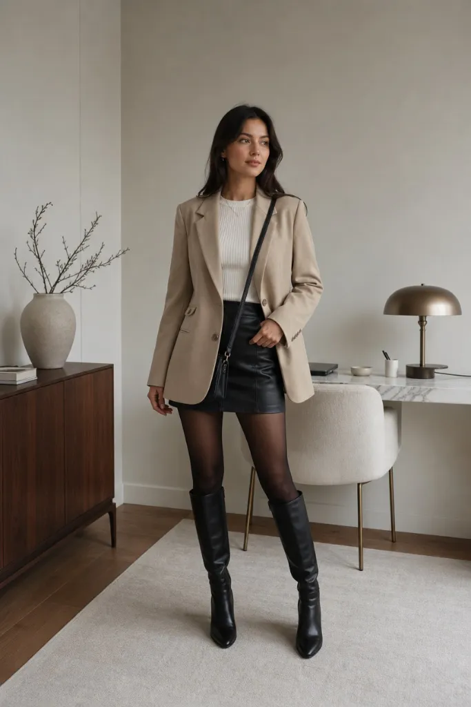Casual Fall Work Outfits 2026 Camel Blazer Over Leather Mini With Knee-High Boots for Autumn Edge