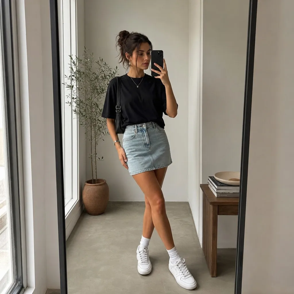 July 2026 Fashion Trends Oversized Black Tee and Denim Mini With Effortless Cool