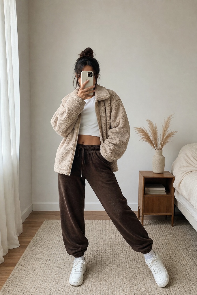 Fall Pants Outfits for Women 2026 Beige Sherpa Jacket With Brown Fleece Joggers for Cozy Contrast