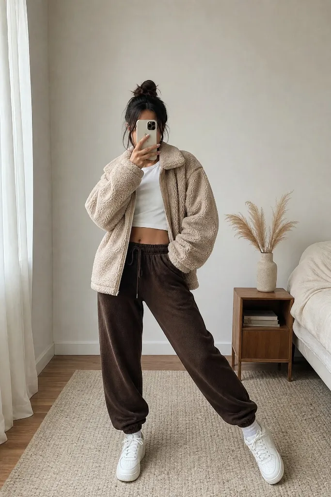 Fall Pants Outfits for Women 2026 Beige Sherpa Jacket With Brown Fleece Joggers for Cozy Contrast