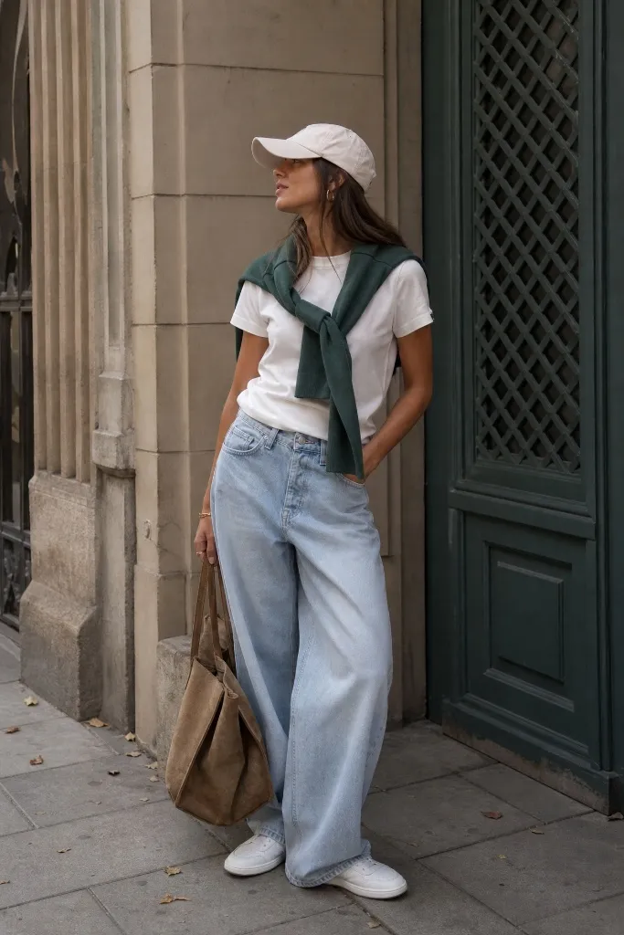 Fall Outfits with Sneakers and Jeans 2026 White Tee With Tied-Sweater Polish