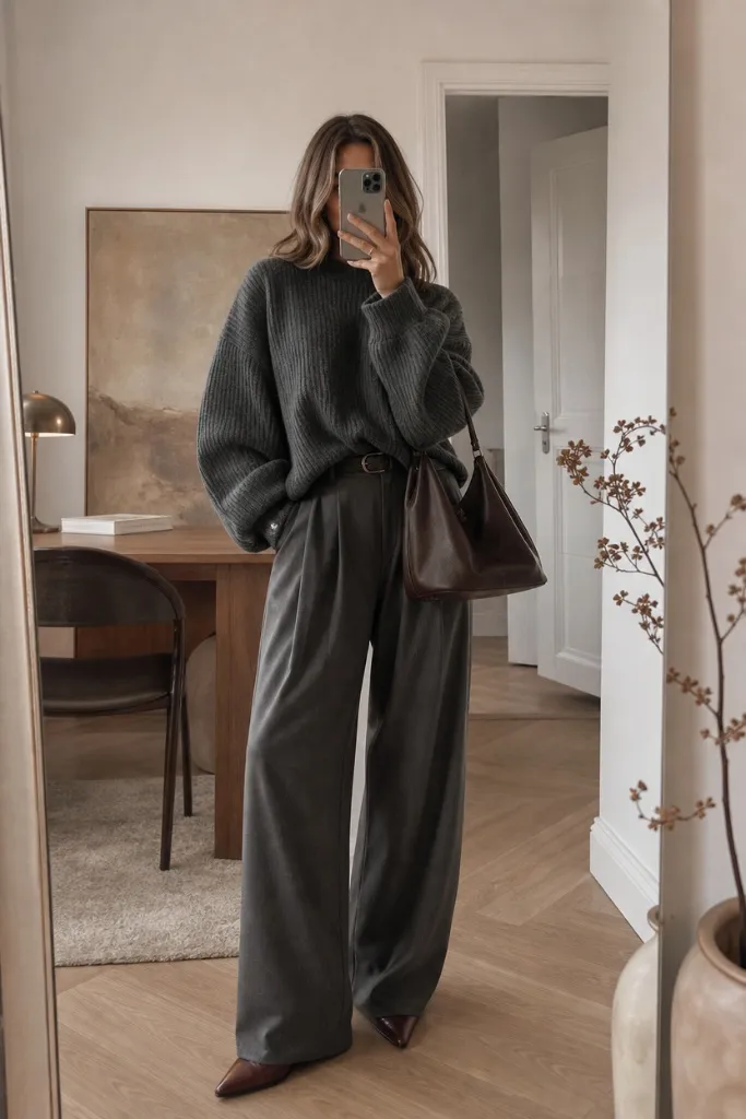 Fall Work Outfits 2026 ideas Charcoal Tonal Layering With Effortless Wide-Leg Drama