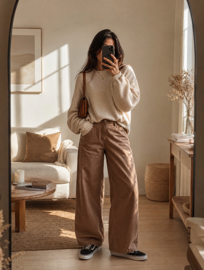 Fall Outfits with Pants 2026 Cream Ribbed Sweater With Tan Wide-Leg Pants and Vans