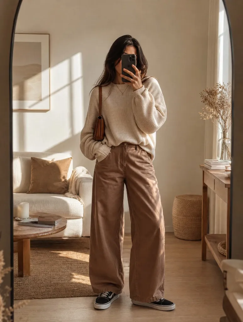 Fall Outfits with Pants 2026 Cream Ribbed Sweater With Tan Wide-Leg Pants and Vans