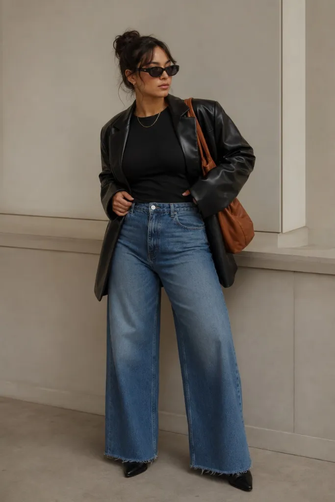 Fall Outfit Ideas for Big Busted Women 2026 Leather Blazer Over Black Tee With Frayed Wide Jeans