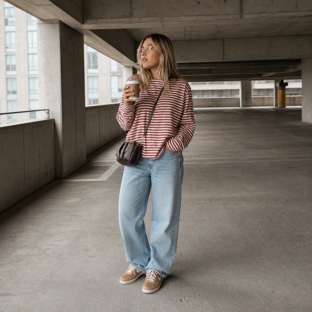 Fall Outfits with Pants 2026 Red Striped Top With Light Wash Wide-Leg Jeans