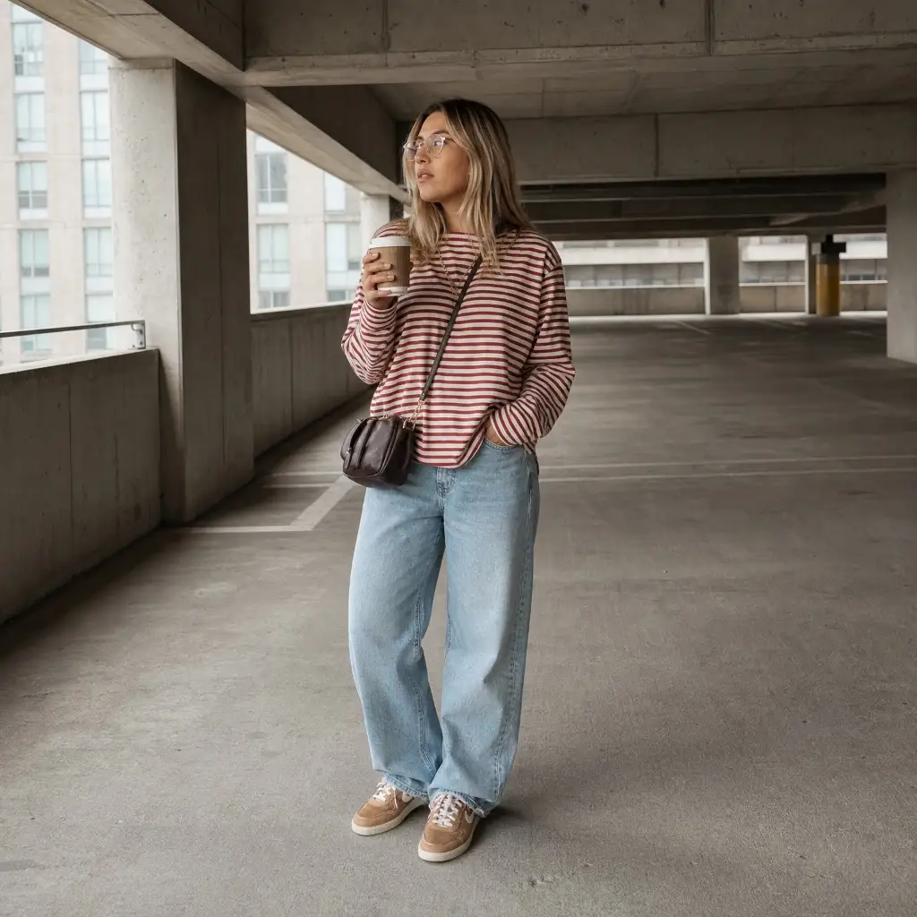 Fall Outfits with Pants 2026 Red Striped Top With Light Wash Wide-Leg Jeans