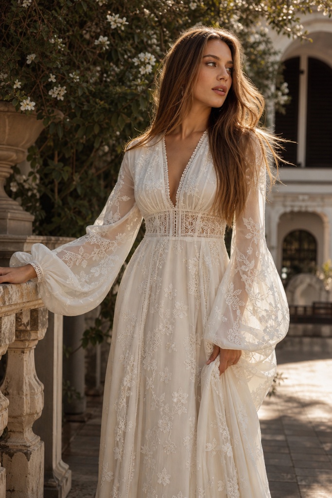 Fall Wedding Guest Dresses 2026 Ivory Lace Bohemian Maxi Dress With Deep V-Neckline and Bell Sleeves