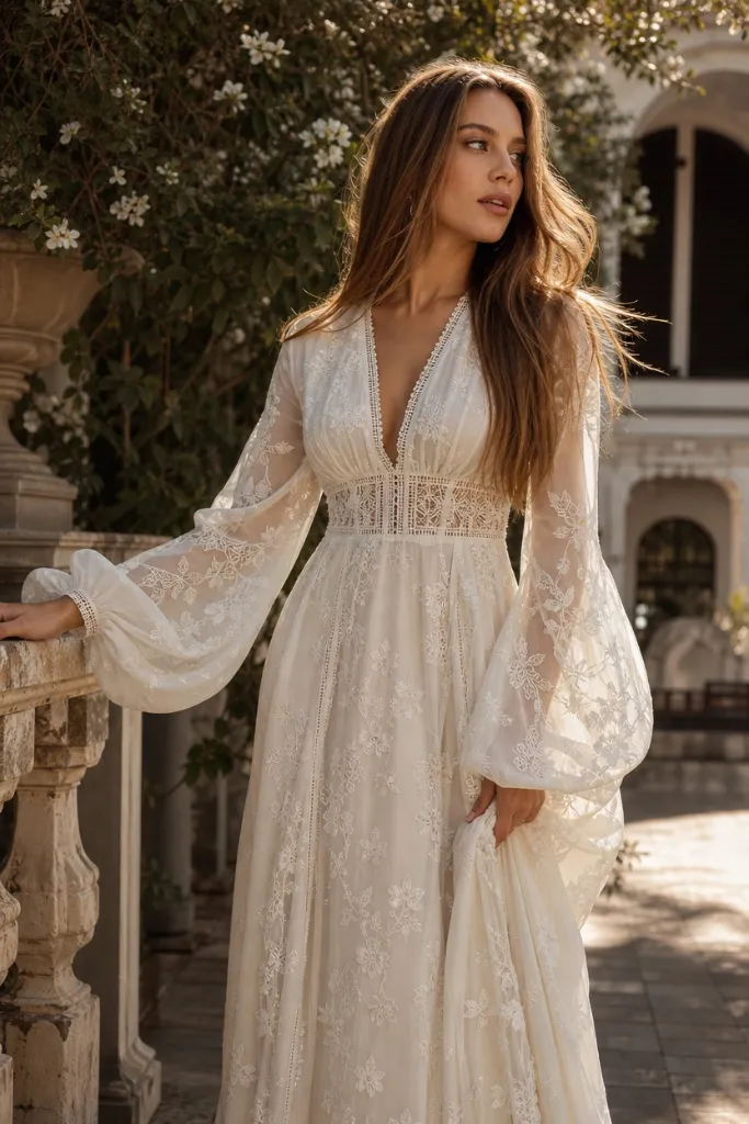 Fall Wedding Guest Dresses 2026 Ivory Lace Bohemian Maxi Dress With Deep V-Neckline and Bell Sleeves