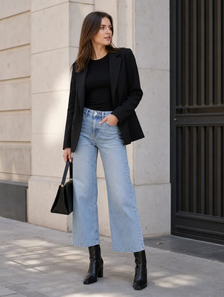 Fall Office Outfit Ideas for Women 2026 Black Blazer and Tee With Cropped Wide-Leg Jeans