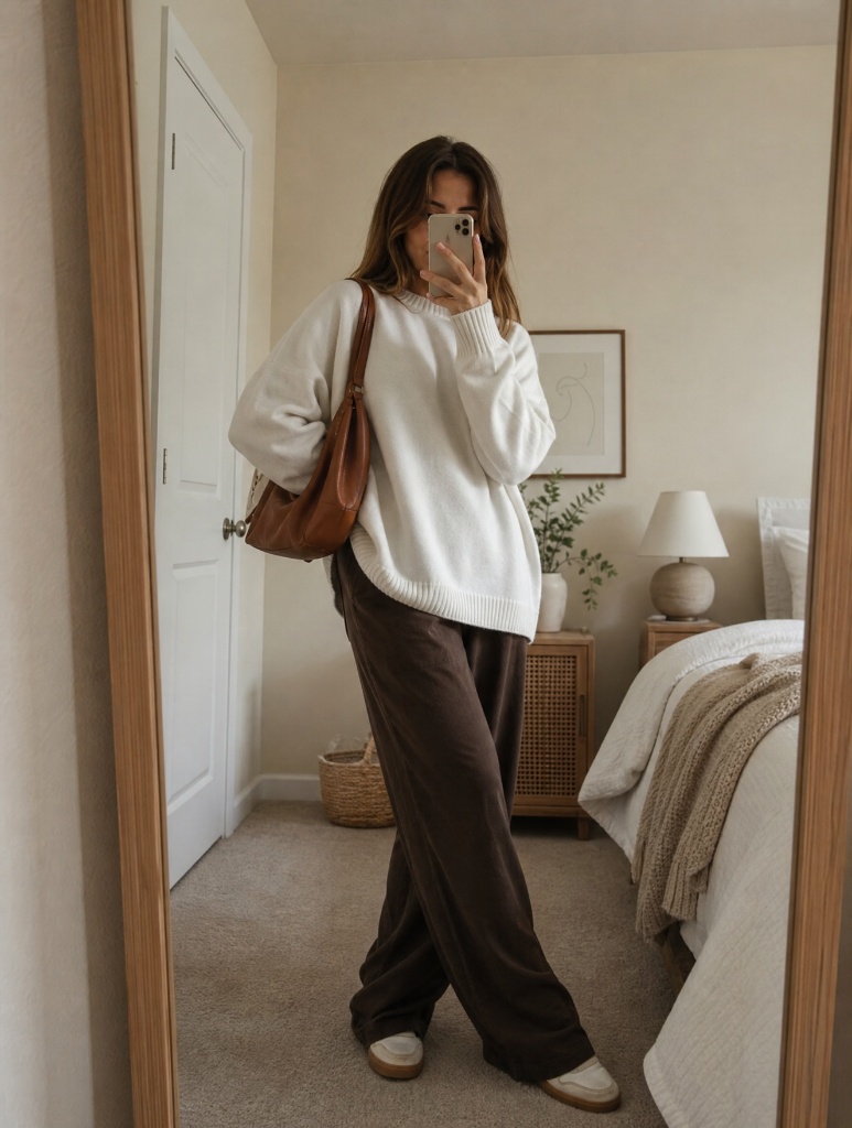 Fall Outfits with Pants 2026 Oversized White Sweater With Chocolate Brown Wide-Leg Pants