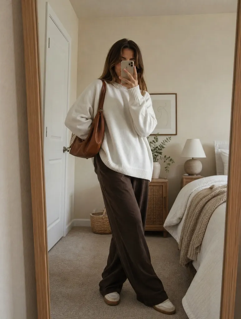 Fall Outfits with Pants 2026 Oversized White Sweater With Chocolate Brown Wide-Leg Pants