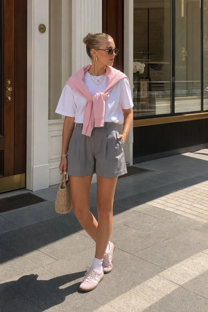 July 2026 Fashion Trends White Tee and Pink Sweater Tied With Parisian Street-Style Grace