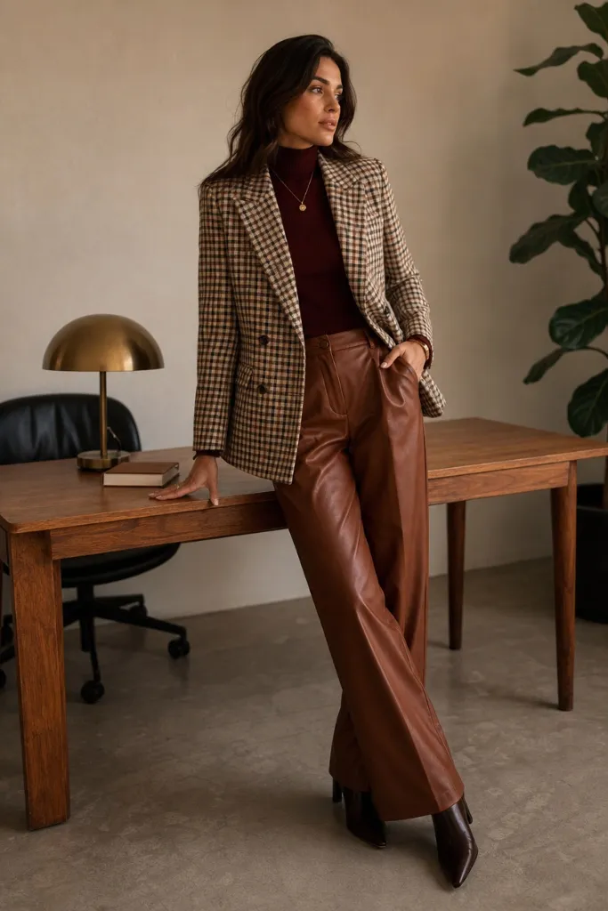 Fall Work Outfits 2026 ideas Checked Blazer With Burgundy Turtleneck and Leather Trousers for Rich Autumn Warmth