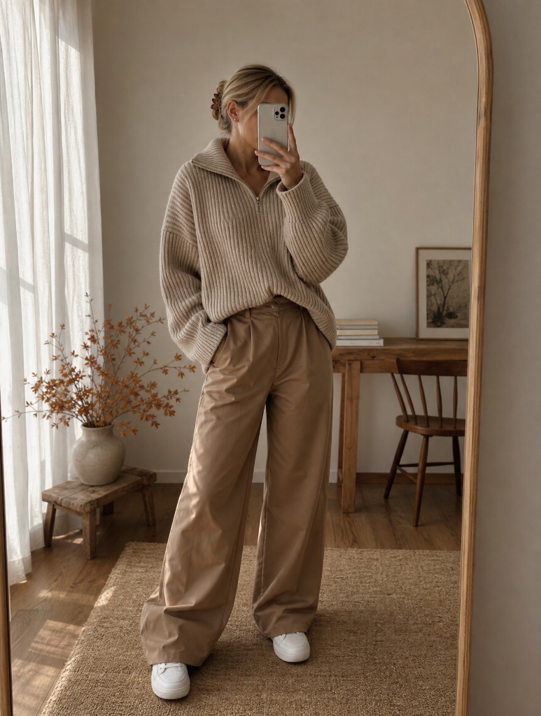 Fall Outfits with Pants 2026 Beige Half-Zip Sweater With Matching Wide-Leg Pants