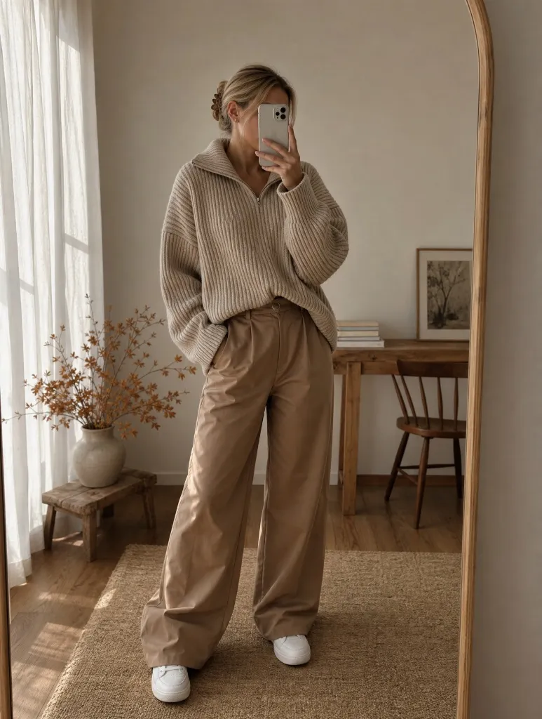 Fall Outfits with Pants 2026 Beige Half-Zip Sweater With Matching Wide-Leg Pants