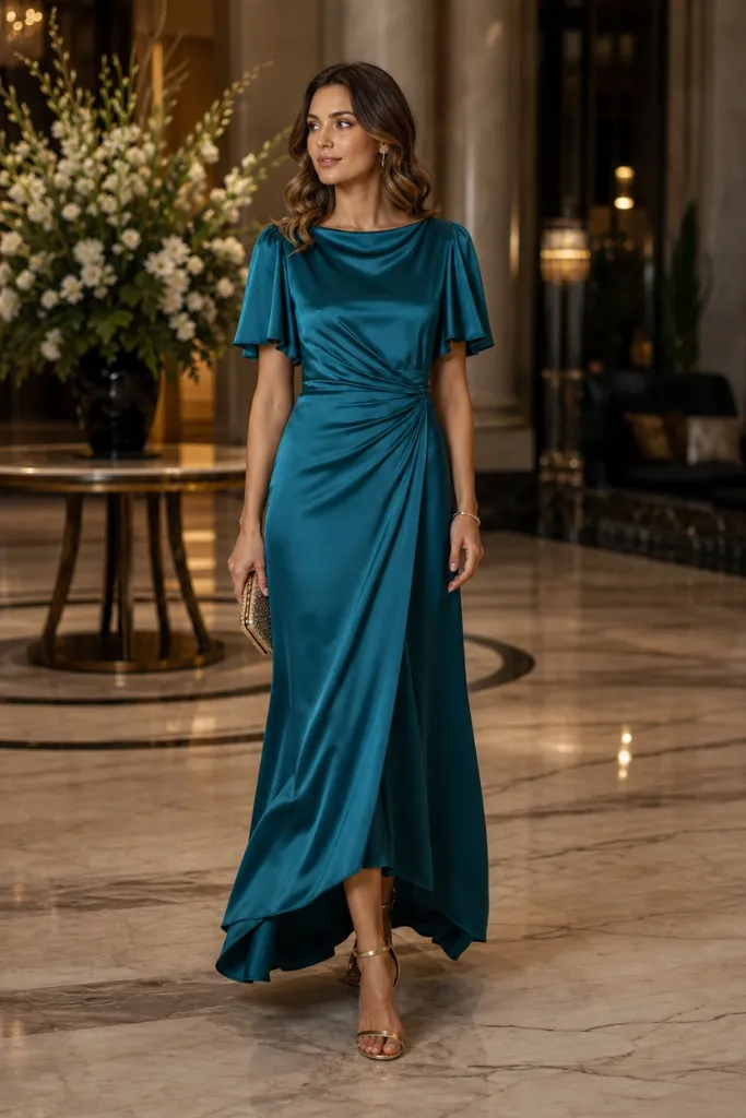 Fall Wedding Guest Dresses 2026 Teal Satin Flutter Sleeve Gown With Gathered Waist