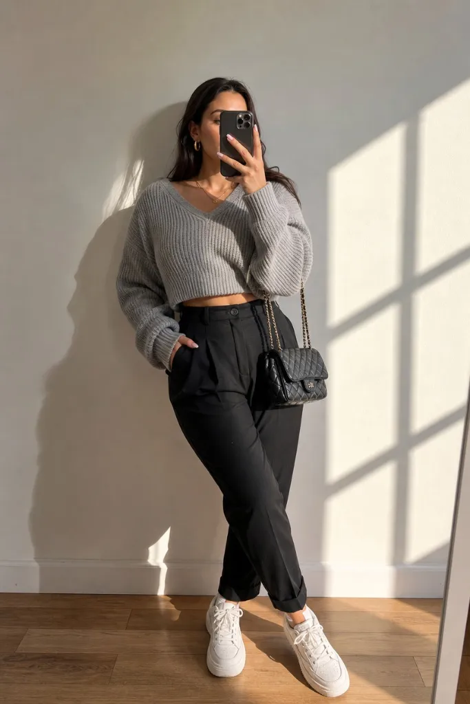 Fall Outfit Ideas for Big Busted Women 2026 Cropped Grey Sweater With Black Tapered Trousers