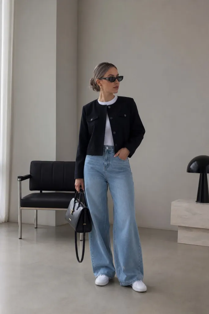 Casual Fall Work Outfits 2026 Cropped Navy Jacket With Light Wash Denim for Weekend-to-Office Flow
