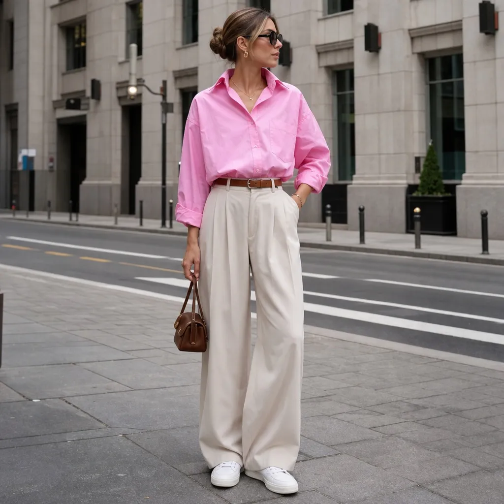 Casual Fall Work Outfits 2026 Pink Button-Down With Cream Wide-Leg Trousers for Warm-Weather Transition