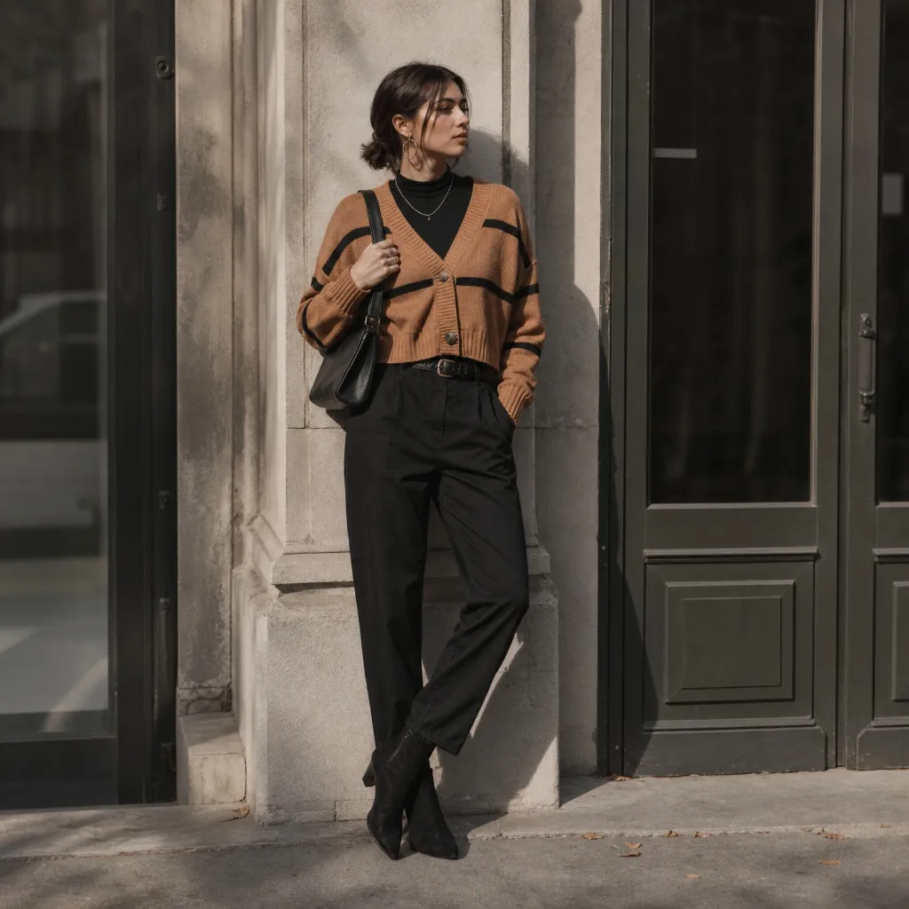 Fall Outfits with Pants 2026 Camel Striped Cardigan With Black Turtleneck and Trousers