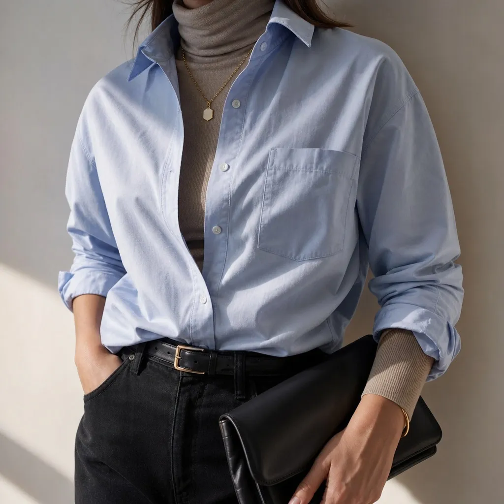 Fall Outfits with Blues for Work 2026 Light Blue Shirt Under Taupe Turtleneck With Layered Sophistication