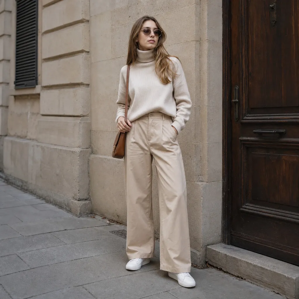 Fall Outfits with Pants 2026 Beige Turtleneck With Cream Wide-Leg Pants