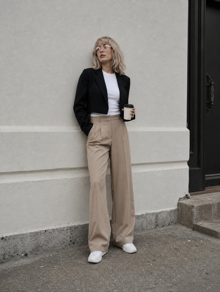 Fall Outfits with Pants 2026 Black Blazer With White Top and Tan Pleated Trousers