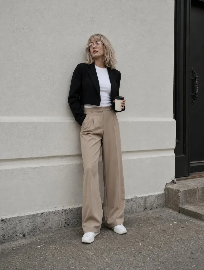 Fall Outfits with Pants 2026 Black Blazer With White Top and Tan Pleated Trousers
