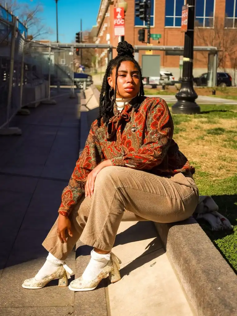 Fall Outfits for Black Women in 2026 Paisley Blouse With Corduroy Trousers for Bohemian Fall Style