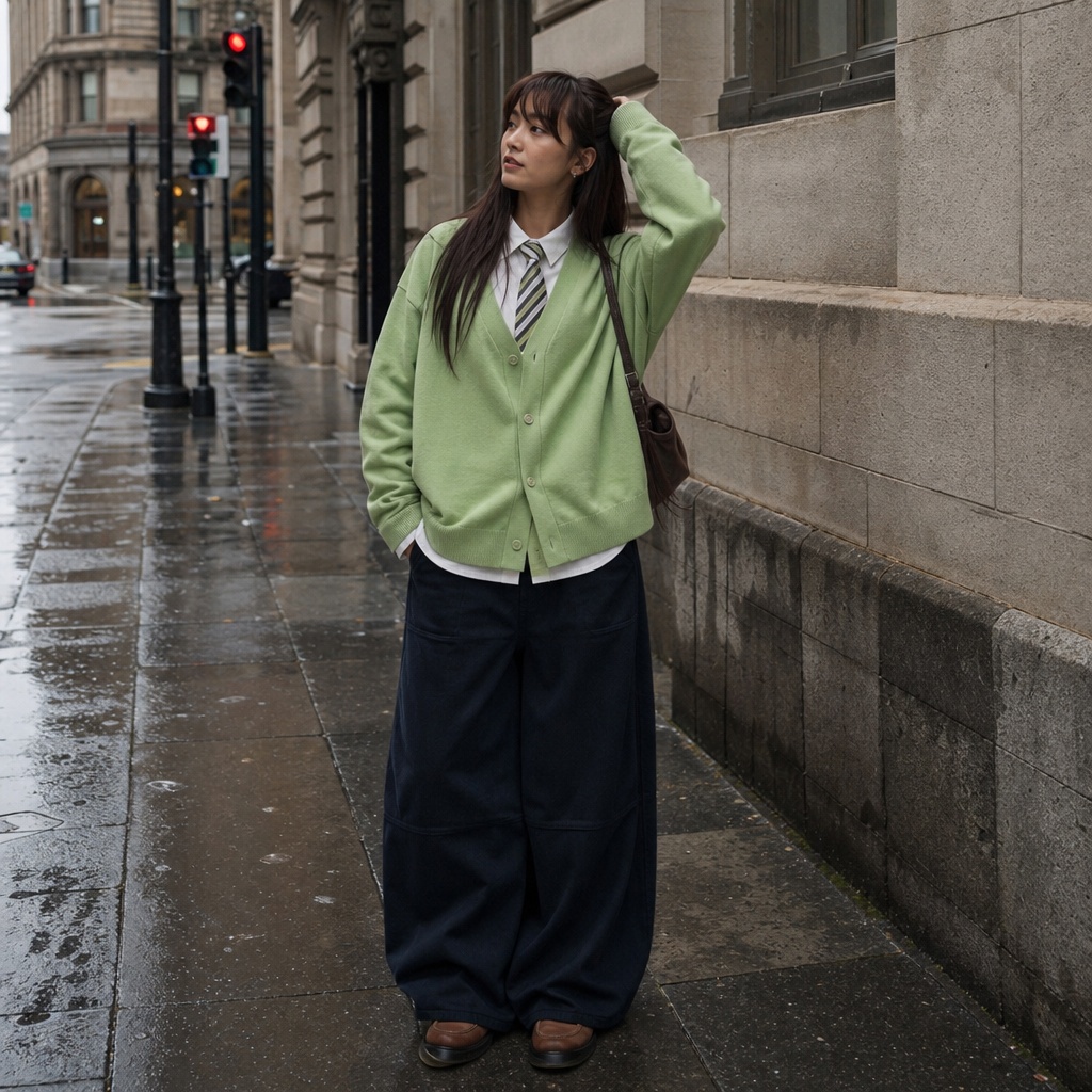 Back-to-School Outfits 2026 Green Cardigan and Wide Navy Trousers With Academic Edge
