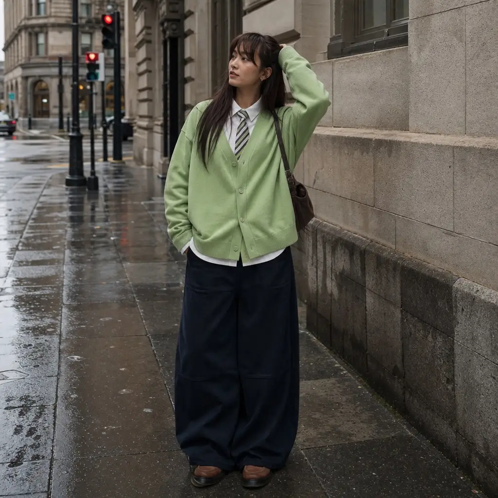 Back-to-School Outfits 2026 Green Cardigan and Wide Navy Trousers With Academic Edge