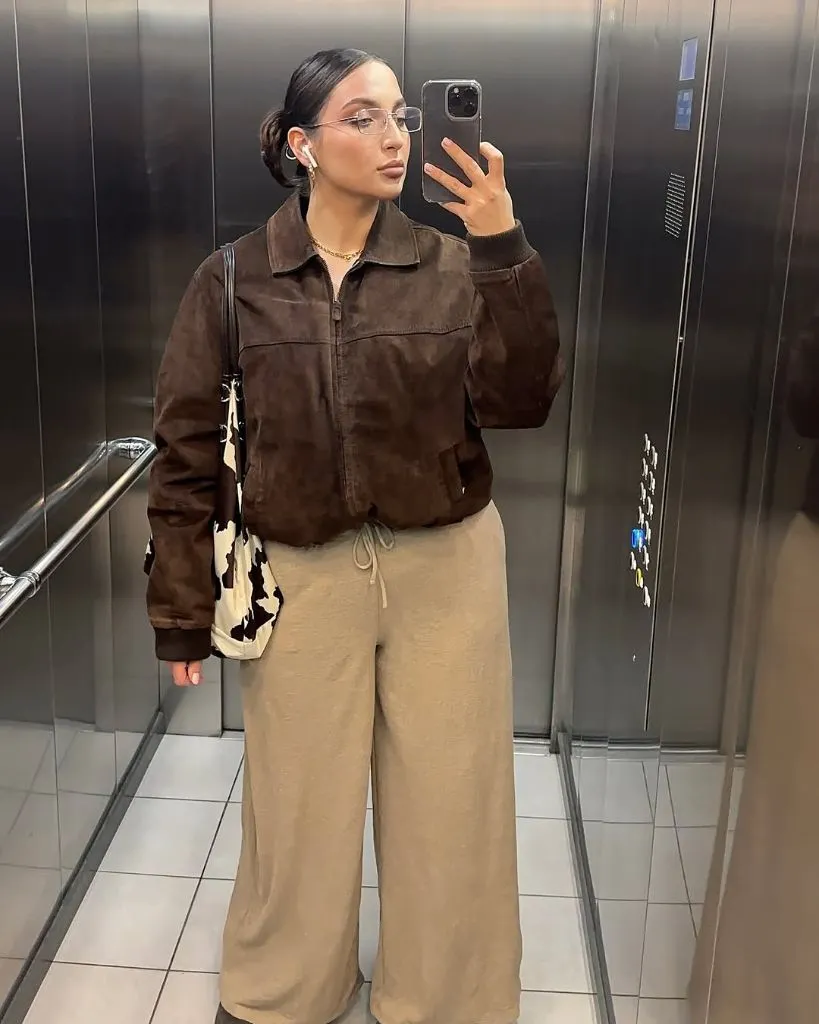 Fall Outfits for Plus Size Women 2026 Dark Suede Bomber With Relaxed Linen Trousers
