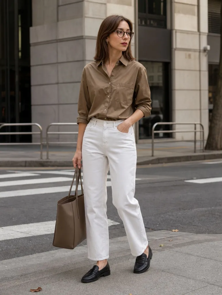 Fall Outfits with Jeans 2026 Olive Button-Down Shirt With White Wide-Leg Jeans and Loafers