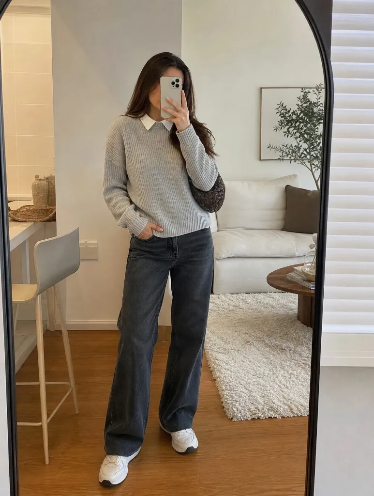 Fall Pants Outfits for Women 2026 Grey Collared Sweater With Dark Wash Wide-Leg Jeans for Easy Polish