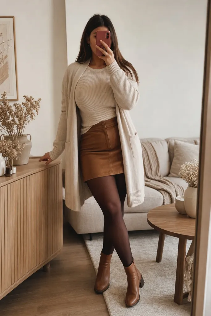 Fall Outfit Ideas for Big Busted Women 2026 Cream Cardigan Over Tan Suede Mini Skirt