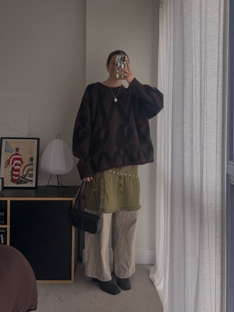 Fall Outfits with Sweater 2026 Dark Patterned Oversized Knit With Layered Skirt and Cargos