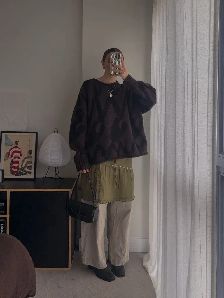 Fall Outfits with Sweater 2026 Dark Patterned Oversized Knit With Layered Skirt and Cargos