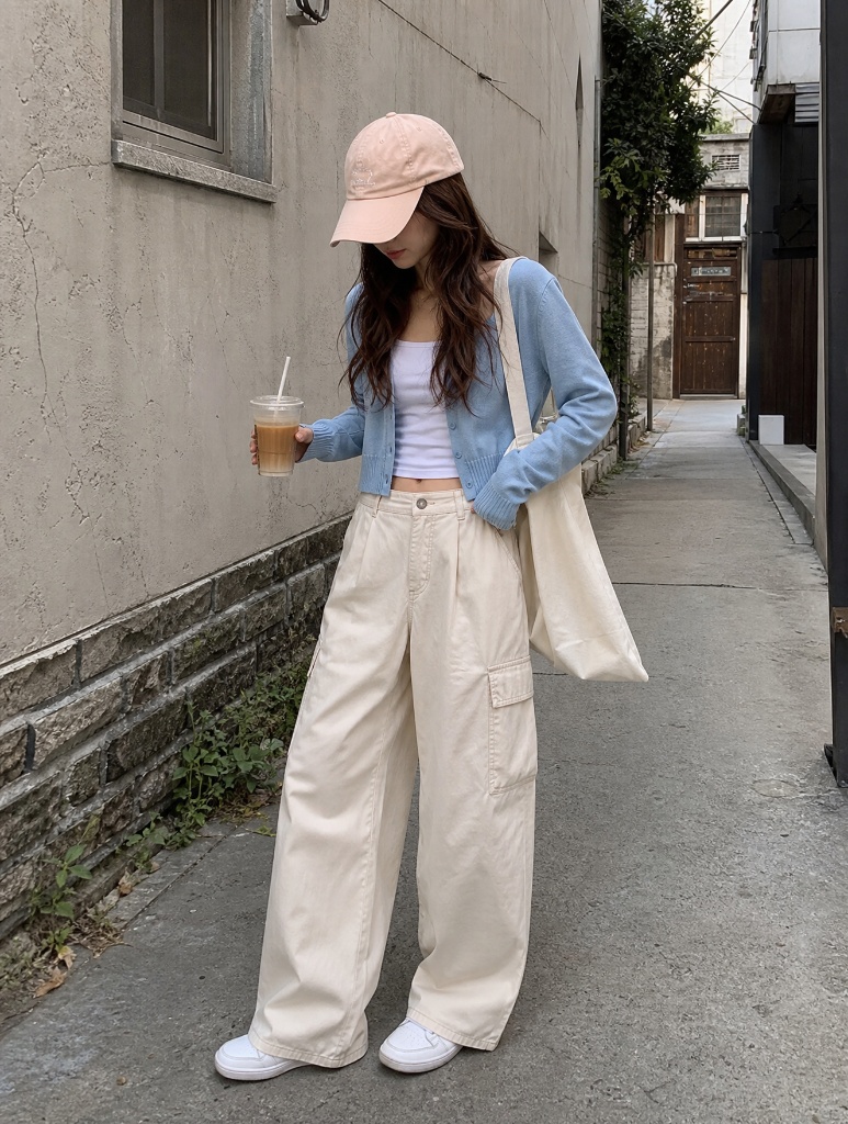 Fall Outfits with Pants 2026 Pastel Blue Cardigan With Cream Cargo Pants