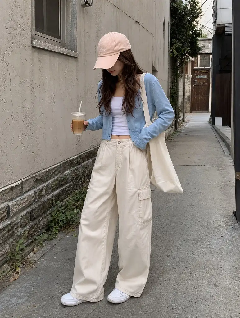Fall Outfits with Pants 2026 Pastel Blue Cardigan With Cream Cargo Pants