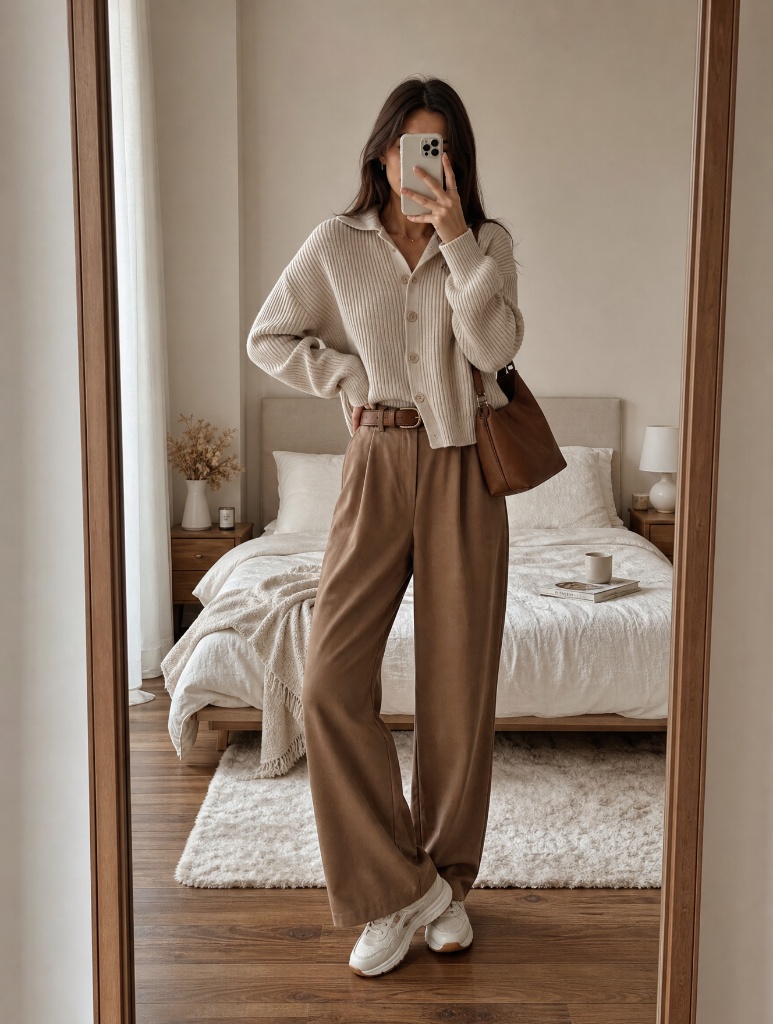 Fall Outfits with Pants 2026 Ribbed Polo Cardigan With Camel Wide-Leg Pants