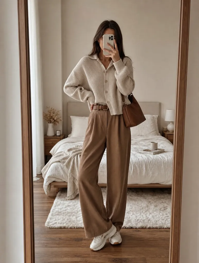 Fall Outfits with Pants 2026 Ribbed Polo Cardigan With Camel Wide-Leg Pants