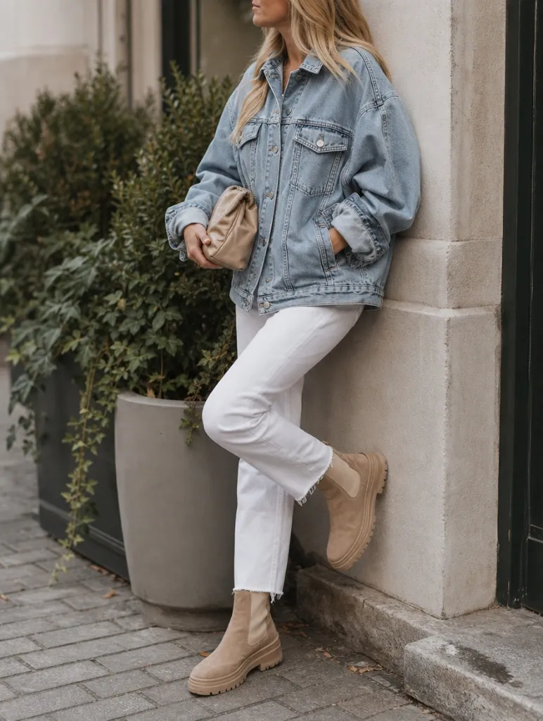 Fall Outfits with Jeans 2026 Oversized Denim Jacket With White Jeans and Chelsea Boots