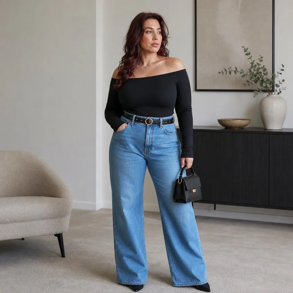 Fall Outfit Ideas for Big Busted Women 2026 Off-Shoulder Long-Sleeve With Light Wide-Leg Jeans