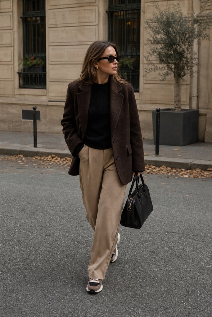 Fall Outfits with Sneakers and Jeans 2026 Brown Blazer With Camel Trouser Refinement