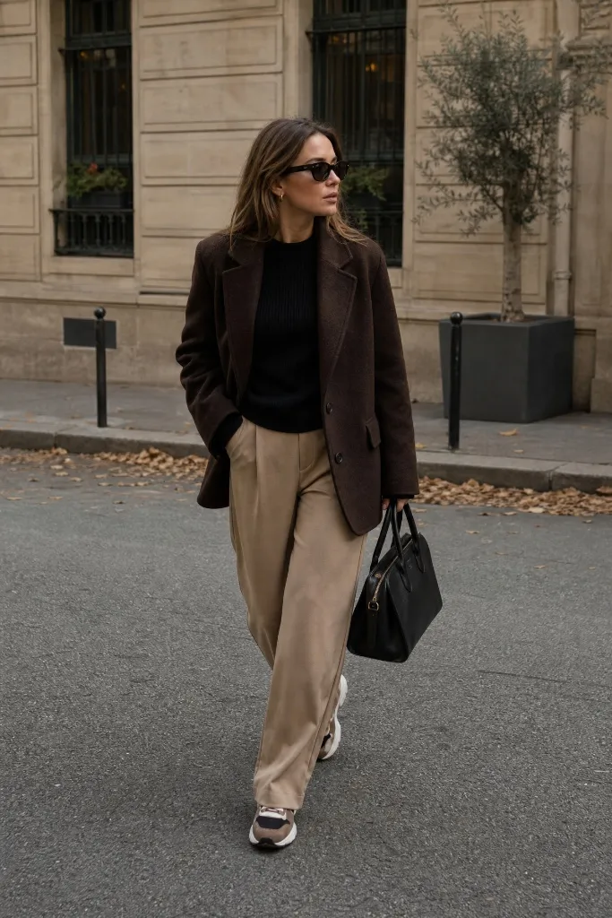 Fall Outfits with Sneakers and Jeans 2026 Brown Blazer With Camel Trouser Refinement