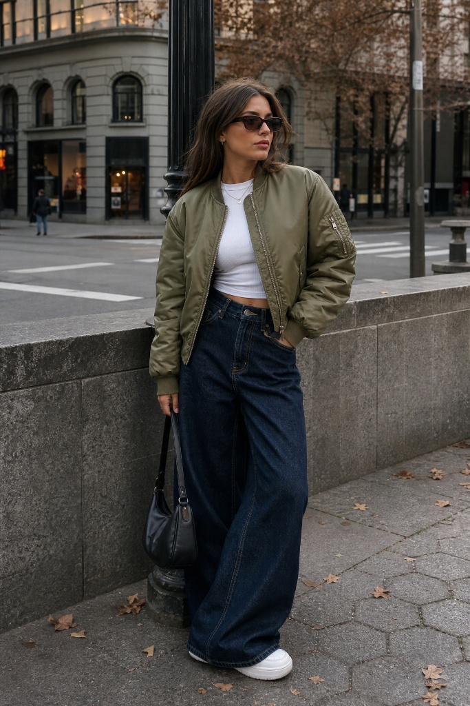 Fall Outfits with Sneakers and Jeans 2026 Olive Bomber With Dark Denim Drama